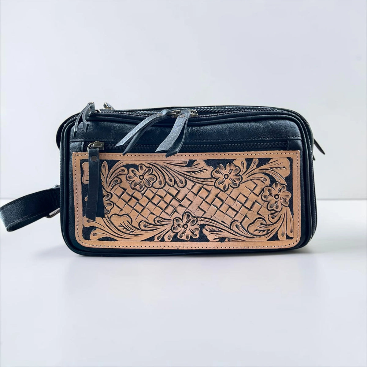 Black Tooled Leather Toiletry Bag