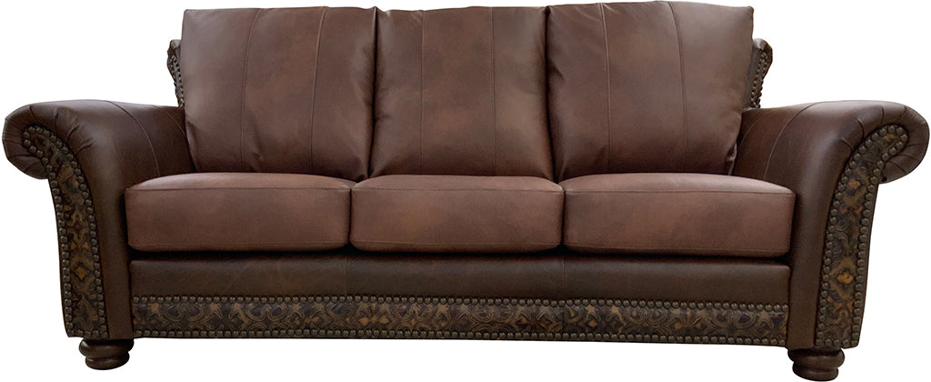 Calderon Chocolate 3 Seat Sofa - Light Brindle, Anzio Legs & Nailheads