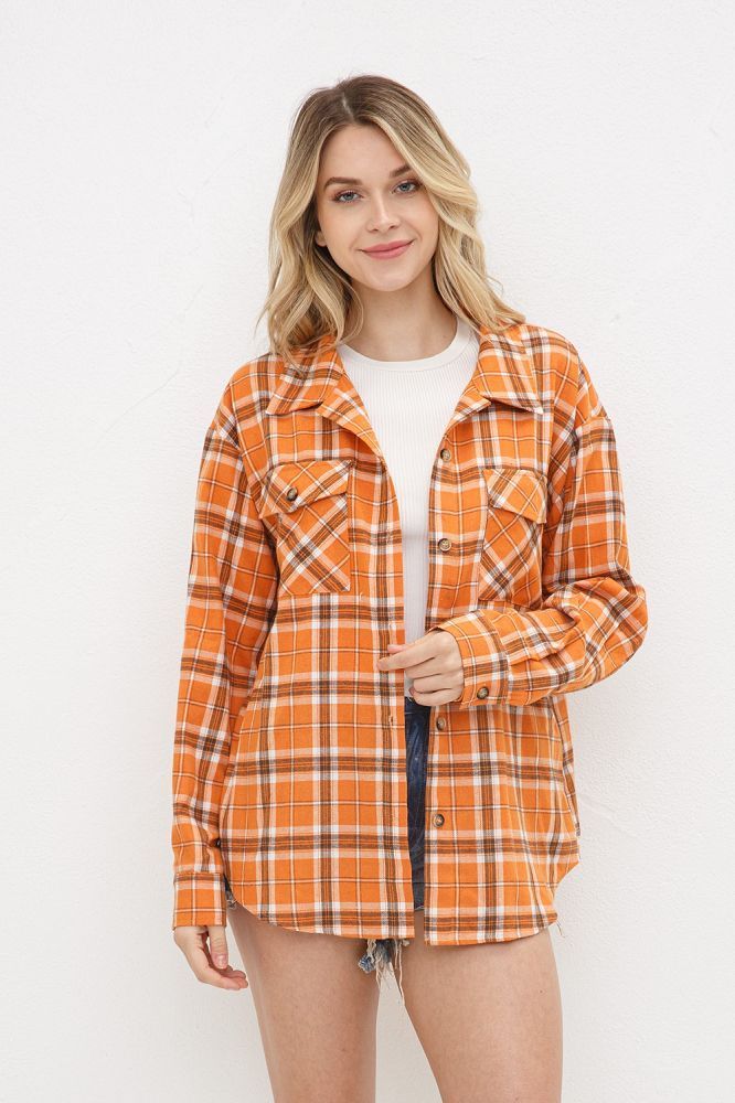 Plaid Pocket Front Shacket Orange 31736J
