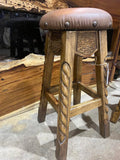 CARVED WOOD ROUND BARSTOOL BACKLESS