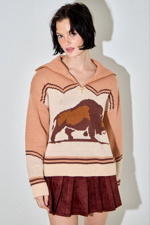 BUFFALO INTARSIA ZIP UP SWEATER