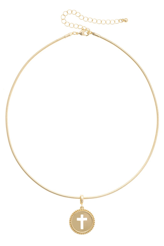 Cross Coin Skinny Collar Necklace in Shiny Gold