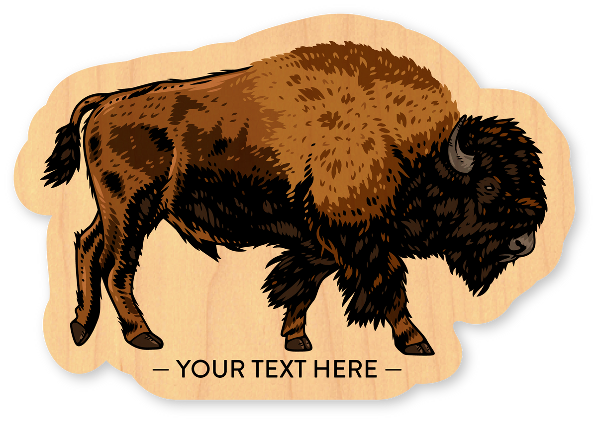 Mini Wood Sticker - Lifelike Buffalo Bison w/ Text