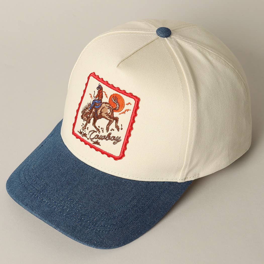 Detailed Cowboy Horse Embroidery Patch Denim Cap