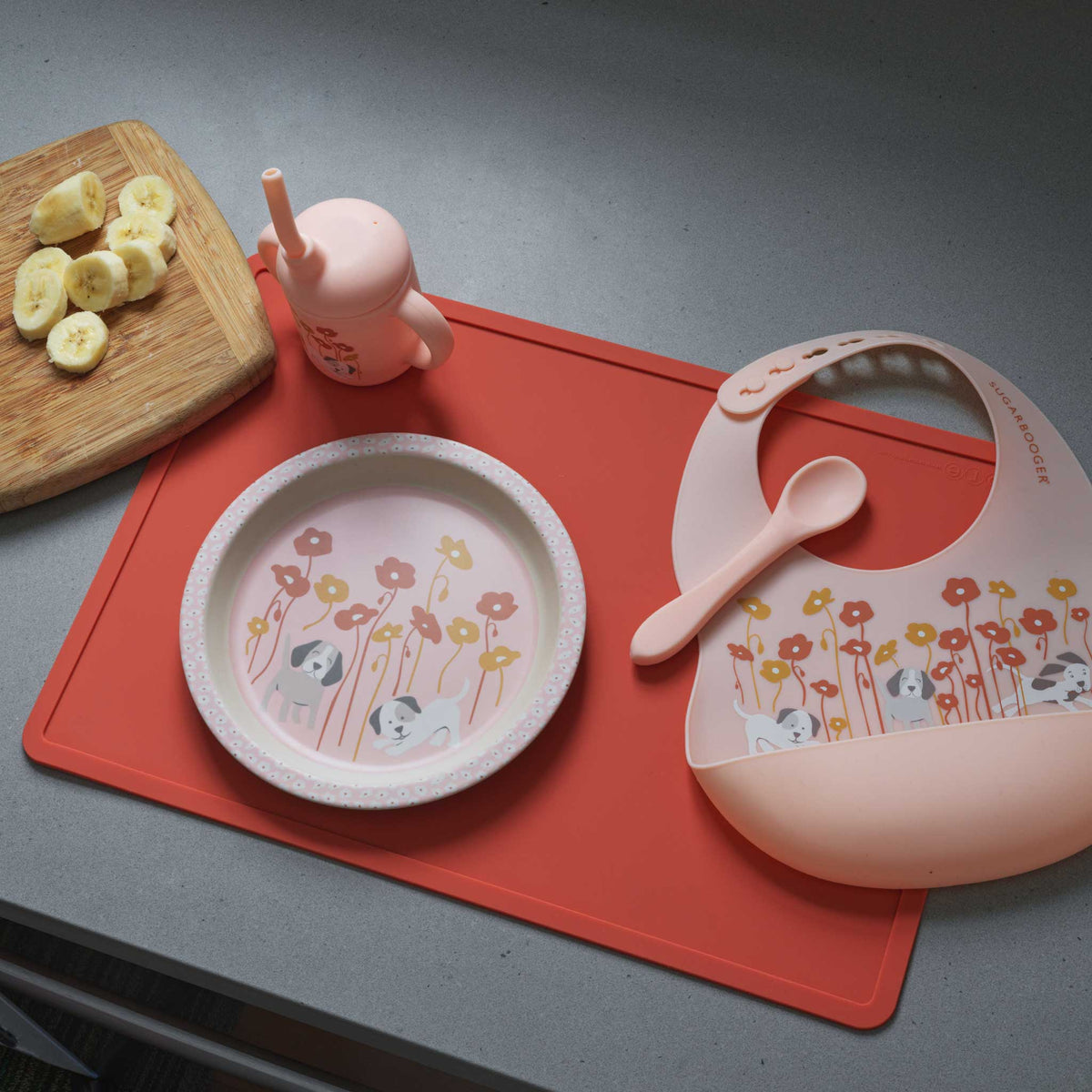 Fresh & Messy Silicone Bib & Spoon Set | Puppies & Poppies