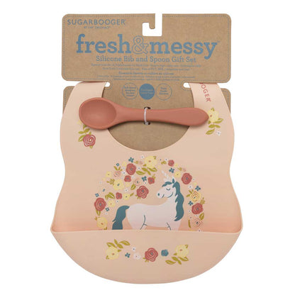Fresh & Messy 
Silicone Bib & Spoon Set | Unicorn