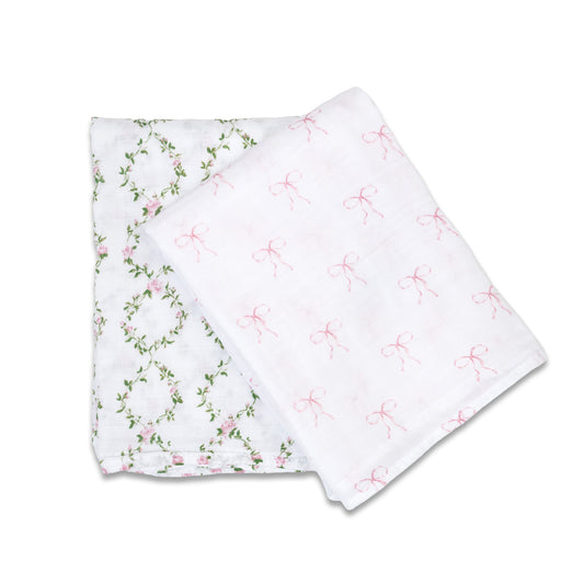 Lulujo Cotton Swaddles – Bows & Rose Trellis – 40×40