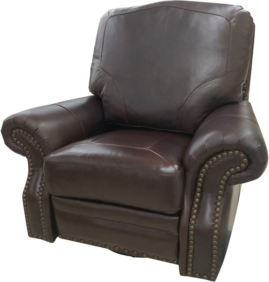 Rowan Swivel Glider Recliner with Hoh Light Brindle & Palio Camel Leather. Legs Cuttop Tr-21 Exchange Nailheads No 02