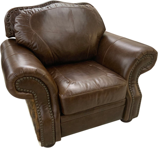Rowan Swivel Glider Recliner with Cora Pecan Leather & Dark Brindle Hide Nailhead #13 & Cuttop Tr-21 Legs