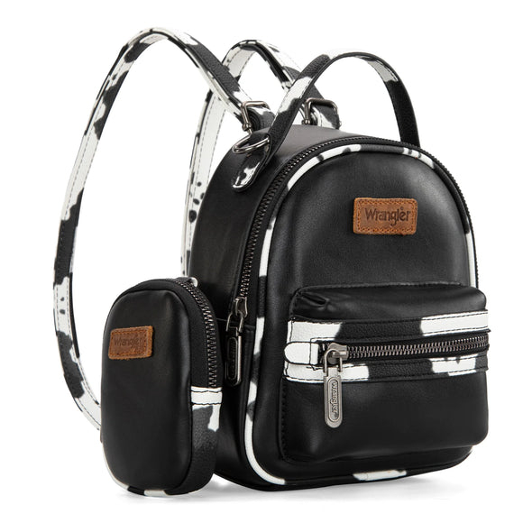 WG102-8600 Wrangler Cow Print Trimmed Mini Backpack With Coin Pouch