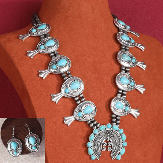 RNS-1002 Rustic Couture's Squash Blossom Pendant Necklace Earrings Set