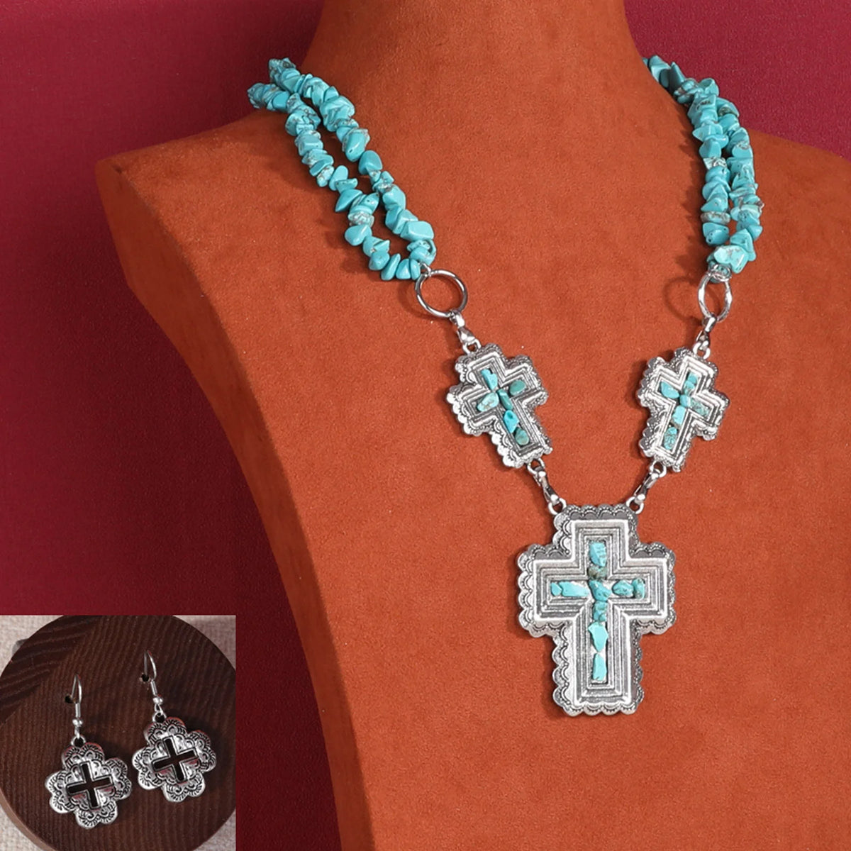 RNS-1025 Rustic Couture's Double Layered Turquoise Chips Silver Cross Pendants Necklace Earrings Set