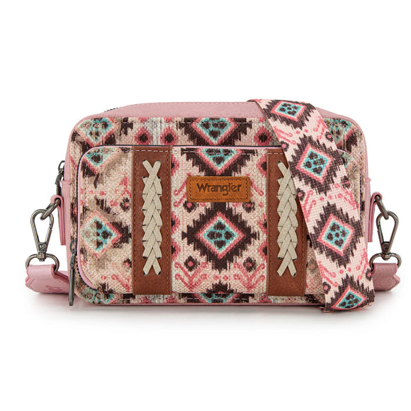 WG130-3003 Wrangler Southwestern Pattern Dual Sided Print Crossbody Purse With Wallet Compartment