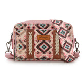 WG130-3003 Wrangler Southwestern Pattern Dual Sided Print Crossbody Purse With Wallet Compartment