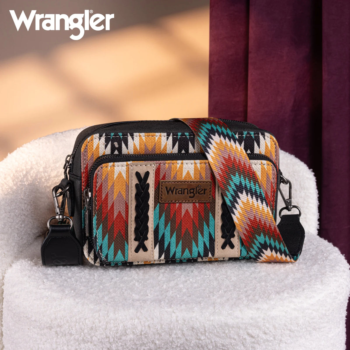Wrangler Southwestern Pattern Dual Sided Print Crossbody Purse With Wallet Compartment