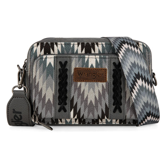 WG2211-3003 Wrangler Southwestern Pattern Dual Sided Print Crossbody Purse With Wallet Compartment