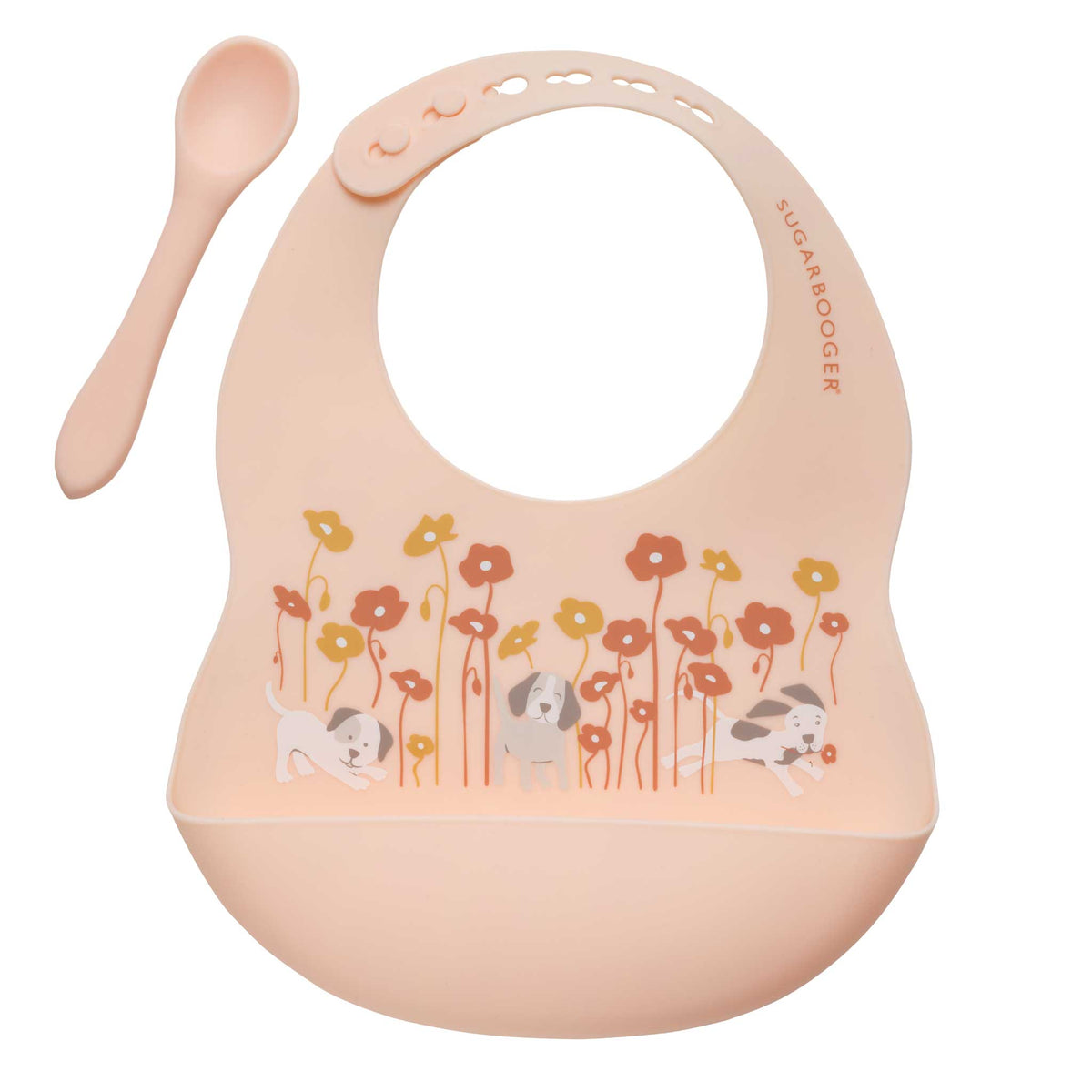 Fresh & Messy Silicone Bib & Spoon Set | Puppies & Poppies