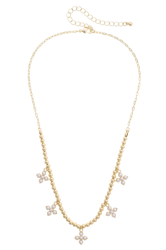 Haley Pearl Cross Ball Bead Necklace in Shiny Gold