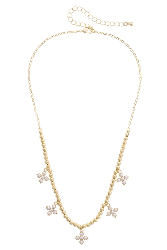 Haley Pearl Cross Ball Bead Necklace in Shiny Gold