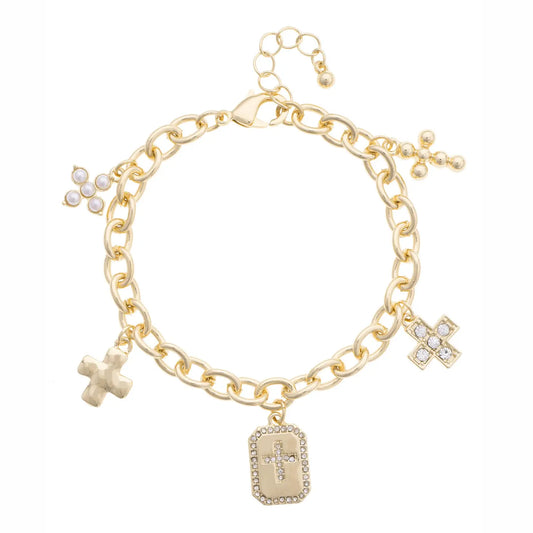 Maxine Pave Cross Icons Charm Bracelet in Shiny Gold