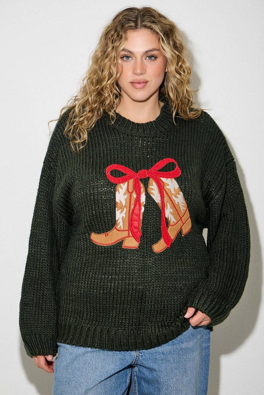 (PLUS) COWBOY BOOTS WITH RIBBON KNIT SWEATER