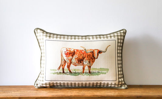 Gingham Watercolor Longhorn Pillow