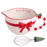 62oz White Sweater Batter Bowl W/SS Whisk With Xmas Handle