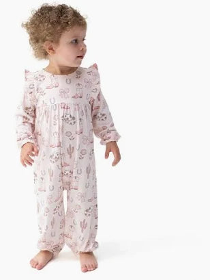 COWGIRL BOOTS AND BOWS- RUFFLE SLEEVE SNAP ROMPER-0/3M