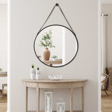 30" Round Mirror In Metal Frame With Leather Strap