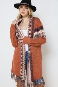 Rust Milti Aztec Fringe Fuzzy Open Cardigan 17150J