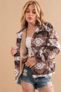 Aztec Printed Mock Neck Button Front Jacket 80015J Mocha
