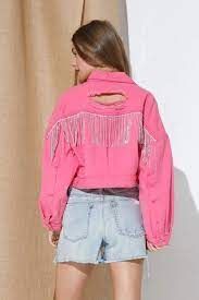Blue B Hot Pink Denim Jacket With Fringe Rhinestone Shoulder 22235T