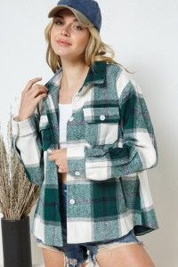 Brushed Plaid Button Up Shirt Jacket 31257J