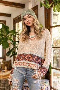 Aztec Western V Neck Pullover Sweater Navy