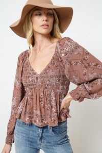Block Paisley Print V Neck Long Sleeve Blouse 31181T - Rust