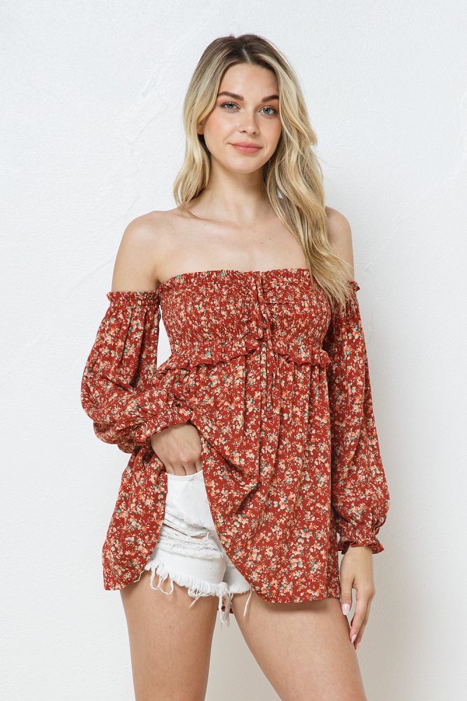 Rust Off The Shoulder Cinched Front Top