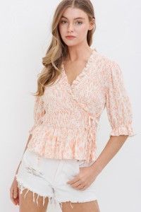 Aztec Geo Rayon Dobby Smocked Wrap Ruffle Tie Peplum Top Coral 31795T