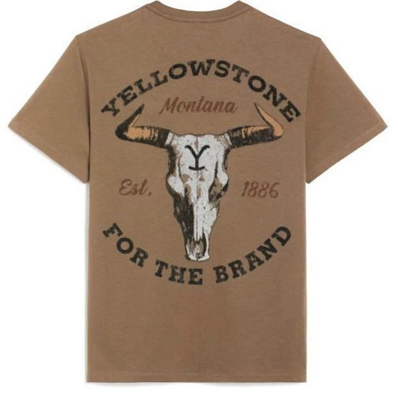 Sand Tee Yellowstone Brand In Skull On Front, Design On Back