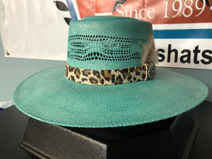 Bangora Gambler Painted Turquoise, Cheetah Print Hatband W/ Sunflower Concho