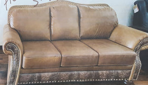 Southwest Style Sofa With Nailhead Trim And Tooled Leather Accents