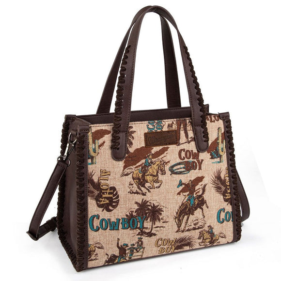 Wg60-8317 Wrangler Vintage Retro Cowboy Cool Print Satchel/Crossbody - Tan