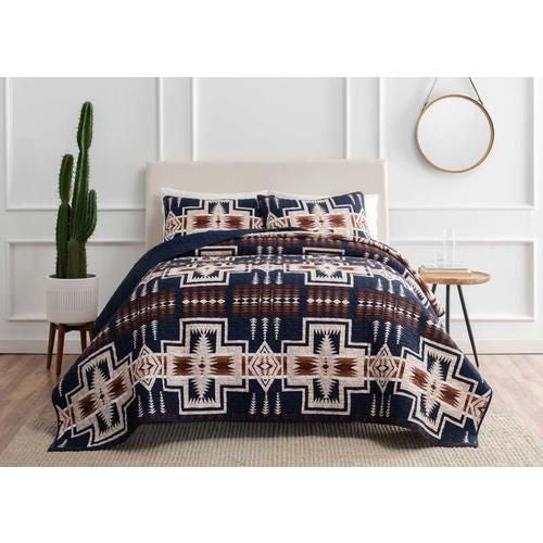 Navy Harding Print King Cotton Coverlet With Shams