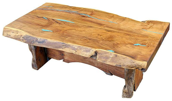 Live Edge Mesquite Coffee Table w/Turquoise Inlay